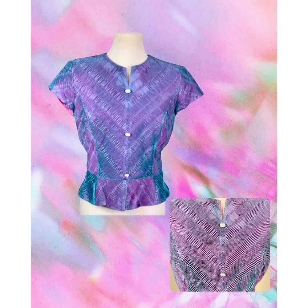 Vintage 90s Flores & Flores Purple Magenta Crop Peplum Folded Pleat Blouse 8